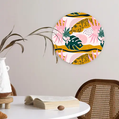 Tropisch - Tijger - Bladeren - Roze - Oranje Wandcirkel plexiglas klein 852 -sfeer4