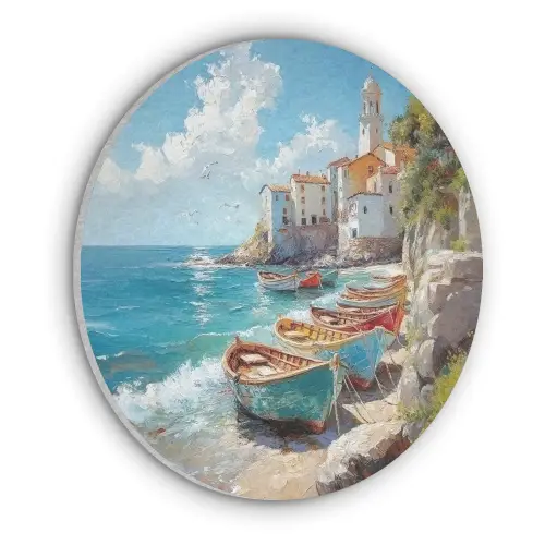 Boten - Rotsen - Zee - Zon Akoestische PET Vilt - Rond klein -3d