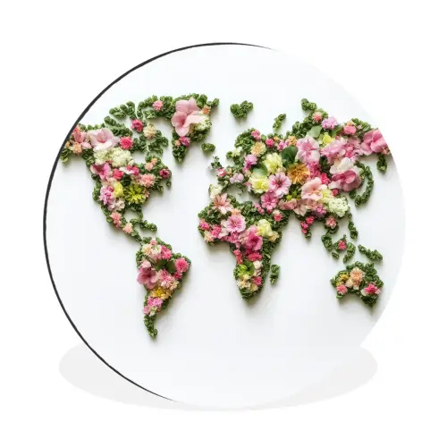 Wereldkaart - Kleurrijk - Bloemen - Lente Wandcirkel aluminium klein -3d