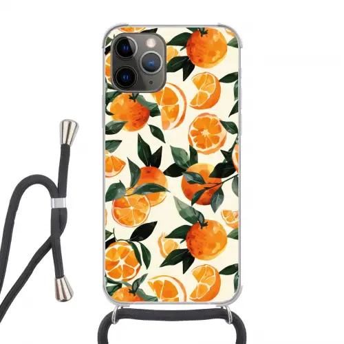 Sinaasappels - Vruchten - Bladeren - Oranje - Groen - Beige Hoesje iPhone 12 Pro met koord klein -3d