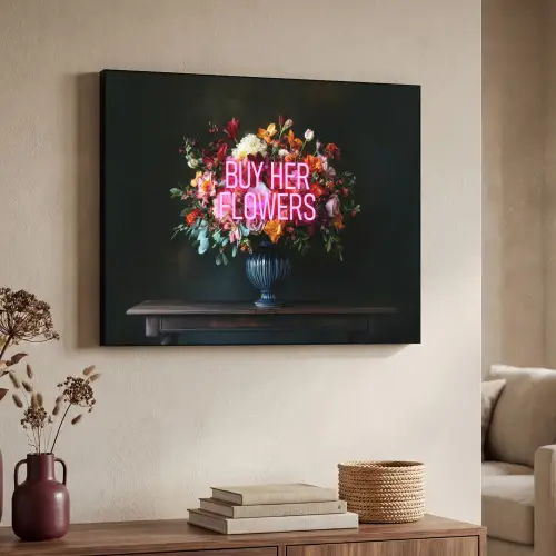 Quote - Bloemen - Vaas - Neon Textielframe zwart klein -sfeer3