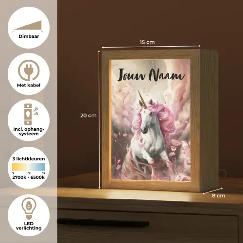 Eenhoorn - Meisje - Roze - Bloemen - Sprookje Light Box met kabel (Kinderlampje) klein -USP_NL