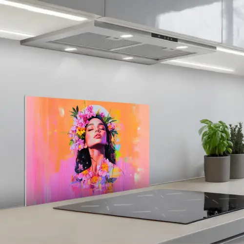 Portret - Bloemenkroon - Vrouw keuken achterwand spatscherm klein -3d_schuin