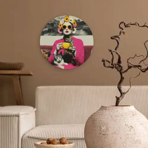Vrouw - Kat - Bloemen - Kopje - Retro Wandcirkel kunststof plaat 5mm dik klein -sfeer1