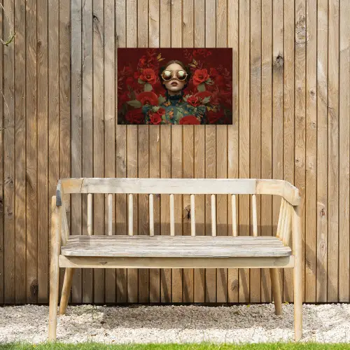 Bloemen - Dieprood - Zonnebril - Vrouw Tuinposter op houten frame 2 cm dik klein -sfeer4