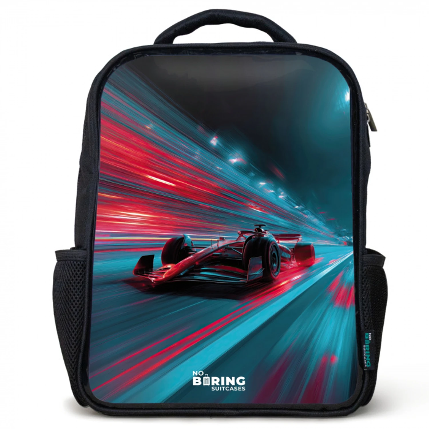 Raceauto - Baan - Neon - Verlichting Rugzak - Zwart middel -3d