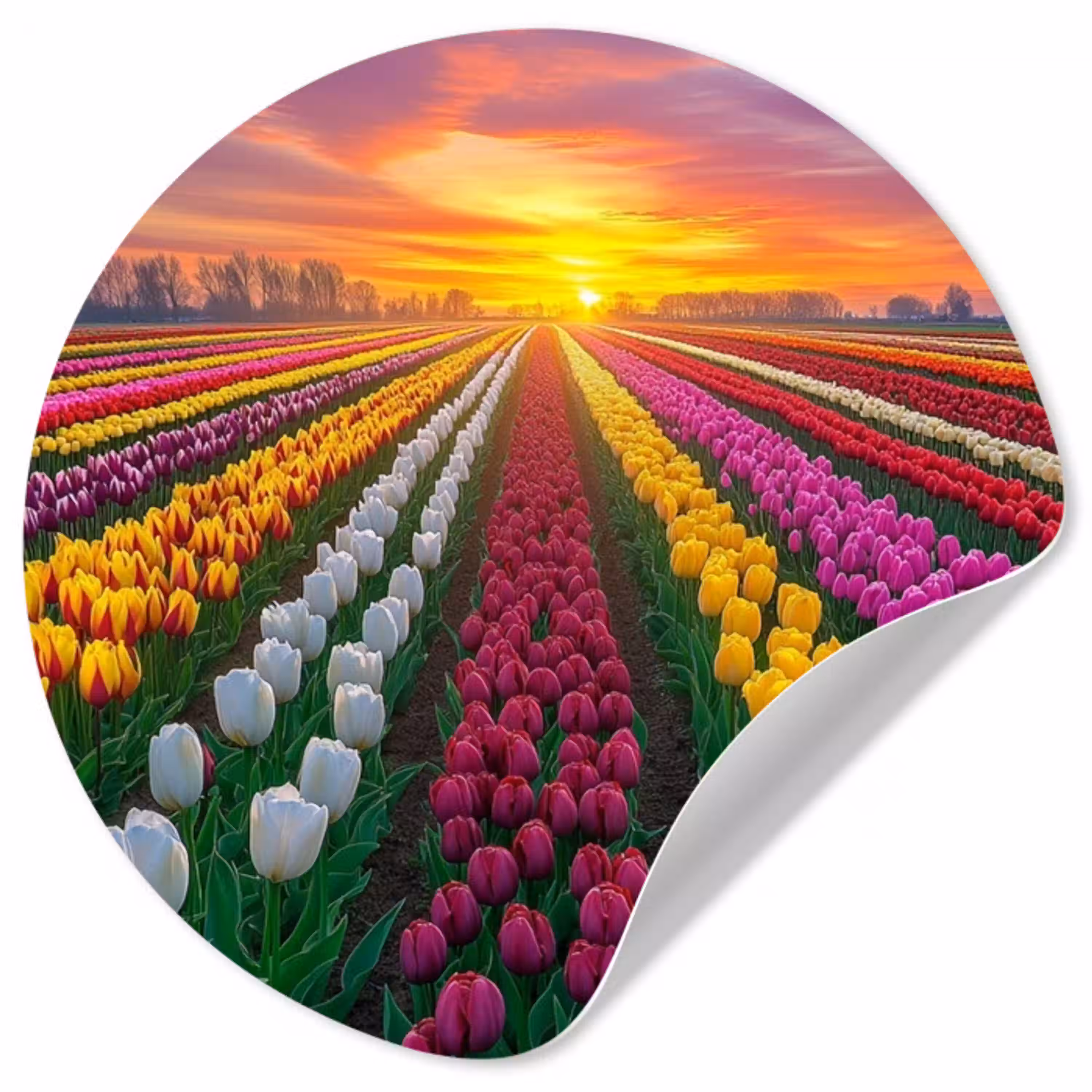 Tulpenveld - Zonsondergang - Kleurrijk Wandcirkel behangsticker klein -3d