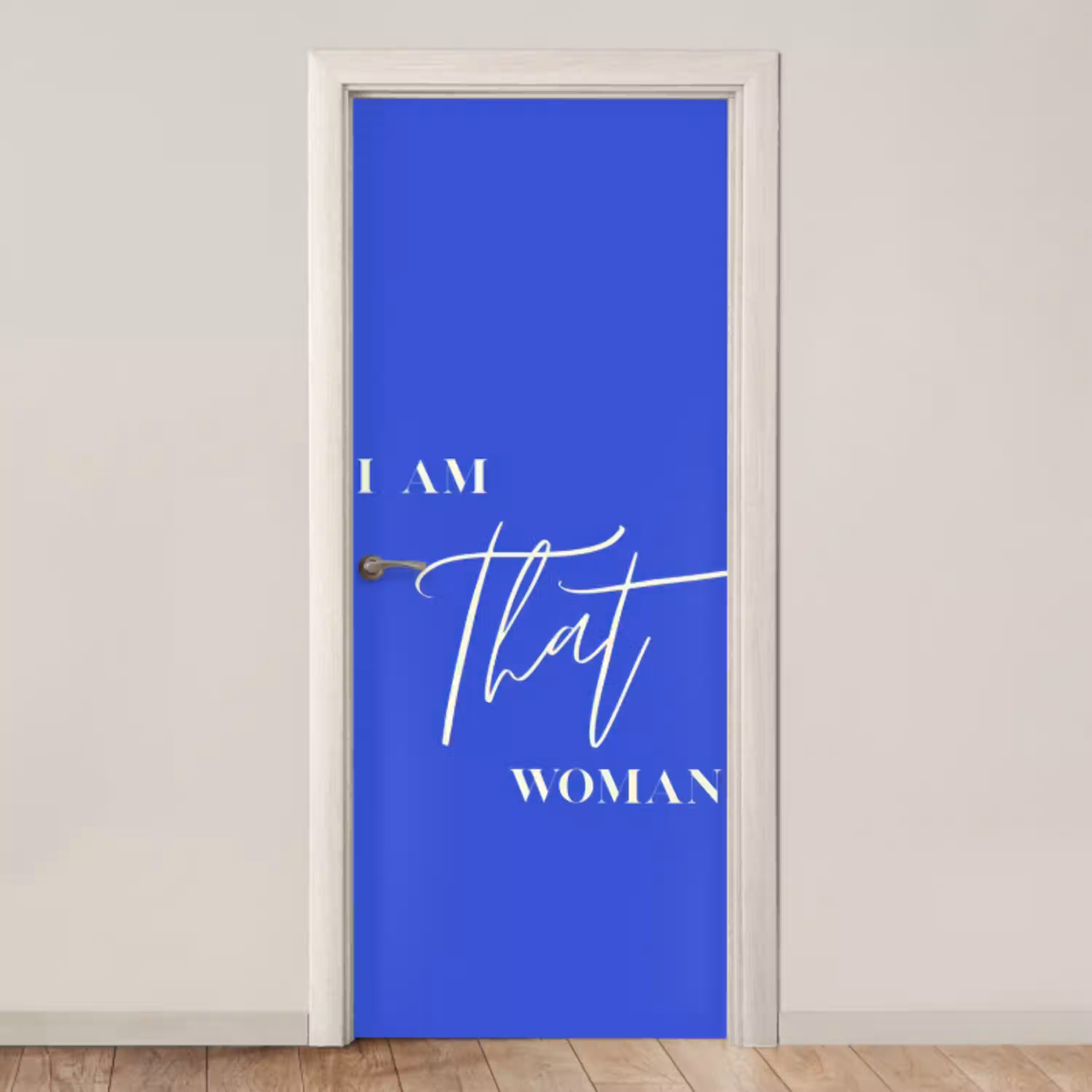 Blauw - I am that woman - Sierlijk - Minimalistisch deurposter klein -3d_beige