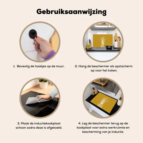Lijnillustratie - Ananas - Bladkroon - Okergeel Inductie beschemer met haakjes klein -ky-gebruik-nl