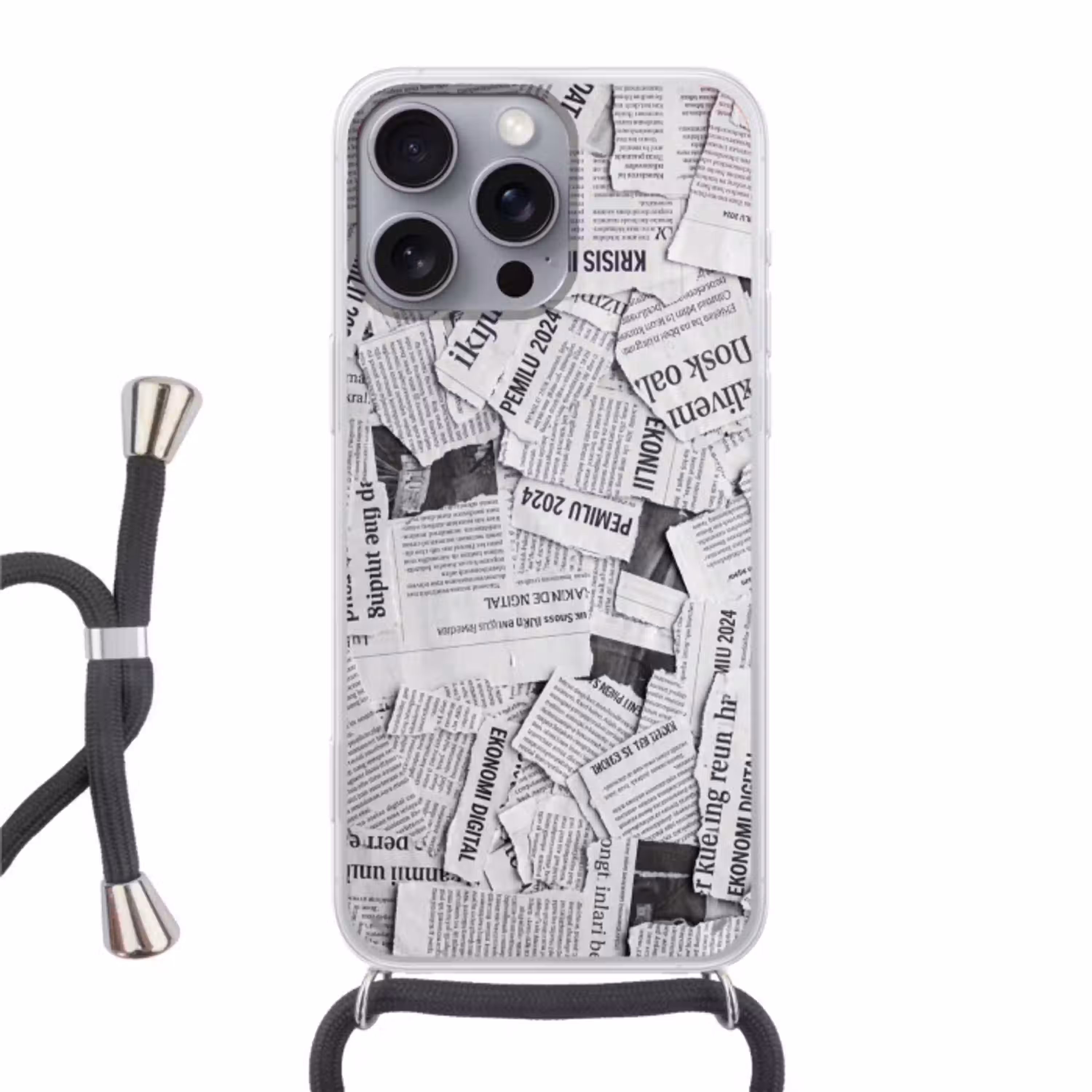 Krant - Versnipperd - Textuur - Zwart-wit - Abstract Hoesje iPhone 16 Pro Max met koord klein -3d