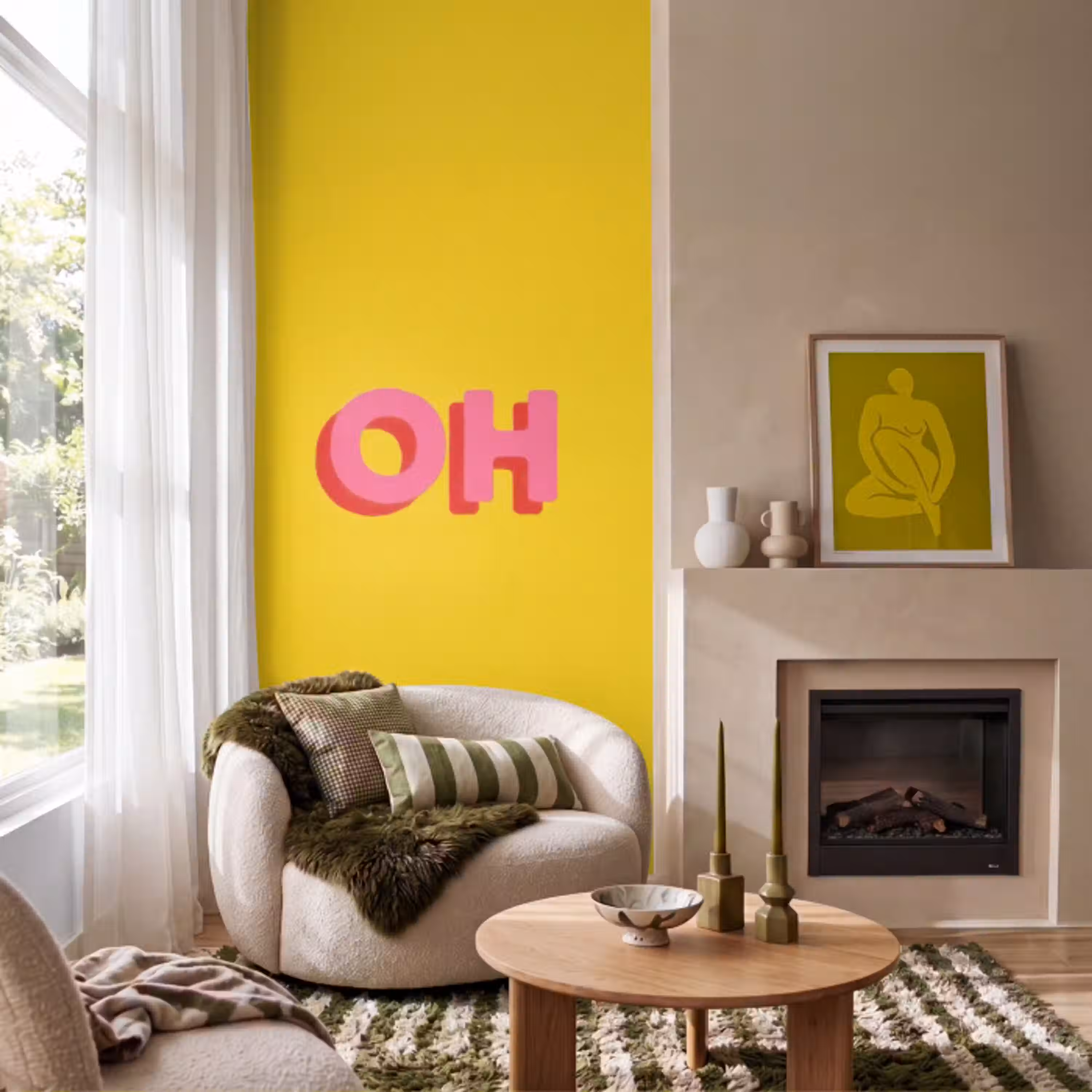 Geel - Roze - Oh - 3D Behang Vlies klein -sfeer2