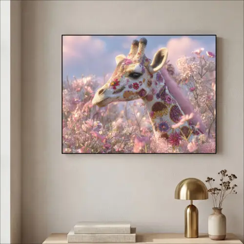 Giraffe - Bloemen - Roze Textielframe zwart klein -sfeer2