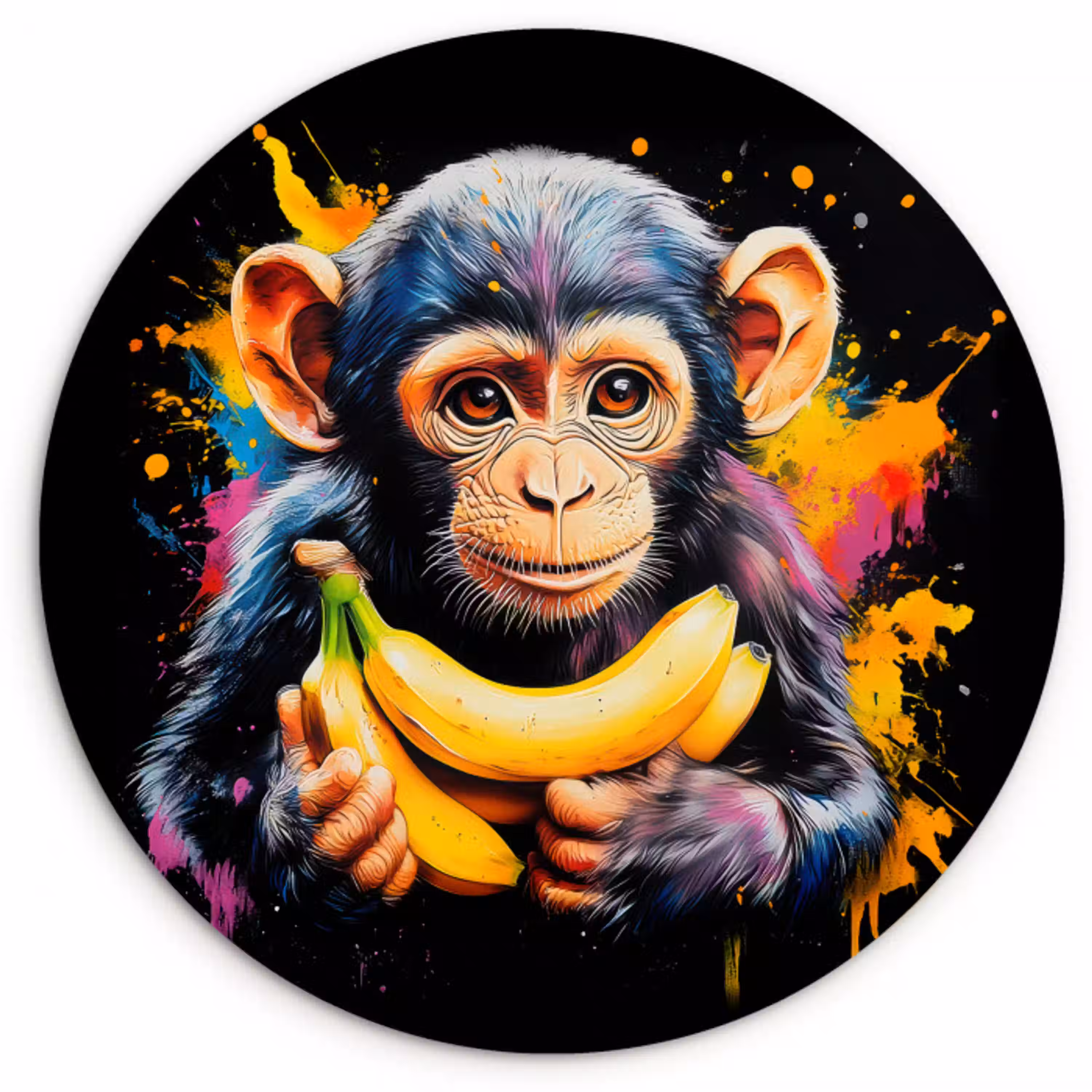 Aap - Graffiti - Kleurrijk - Bananen - Modern Wandcirkel kunststof plaat 5mm dik klein -3d