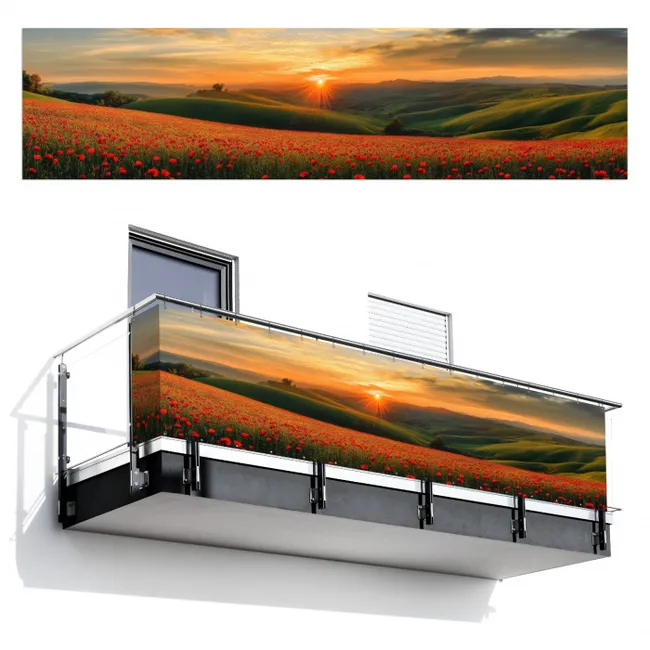 Balkonscherm - Klaprozen - Bloemen - Heuvels - Zonsondergang