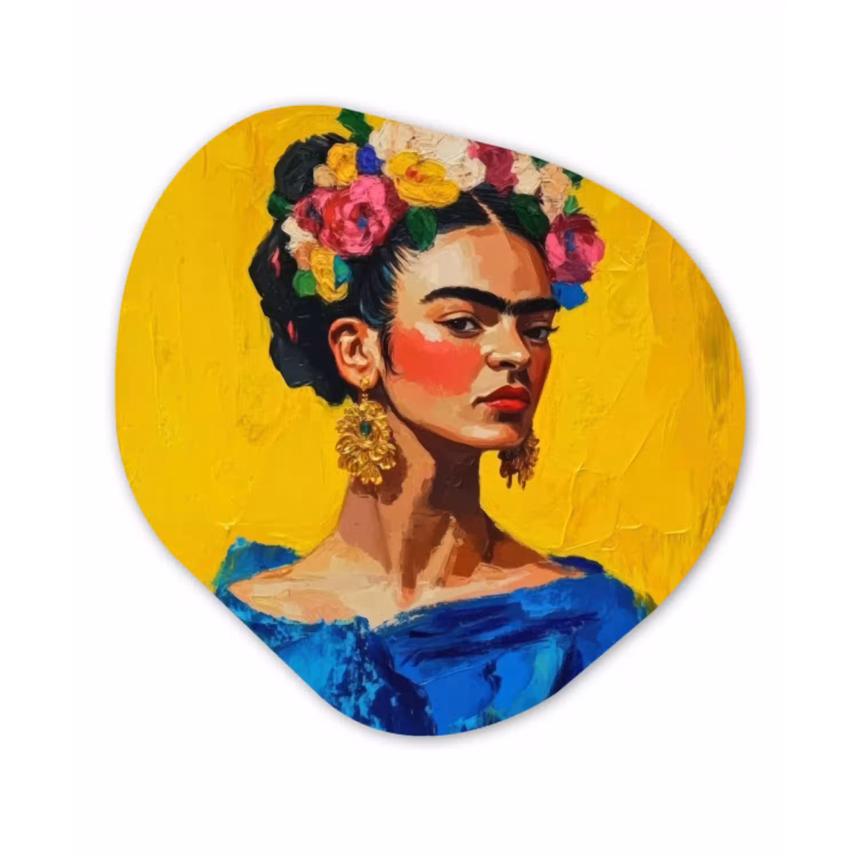 Frida Kahlo - Vrouw - Geel - Blauw - Bloemen Wandcirkel Organisch Plexiglas middel -3d