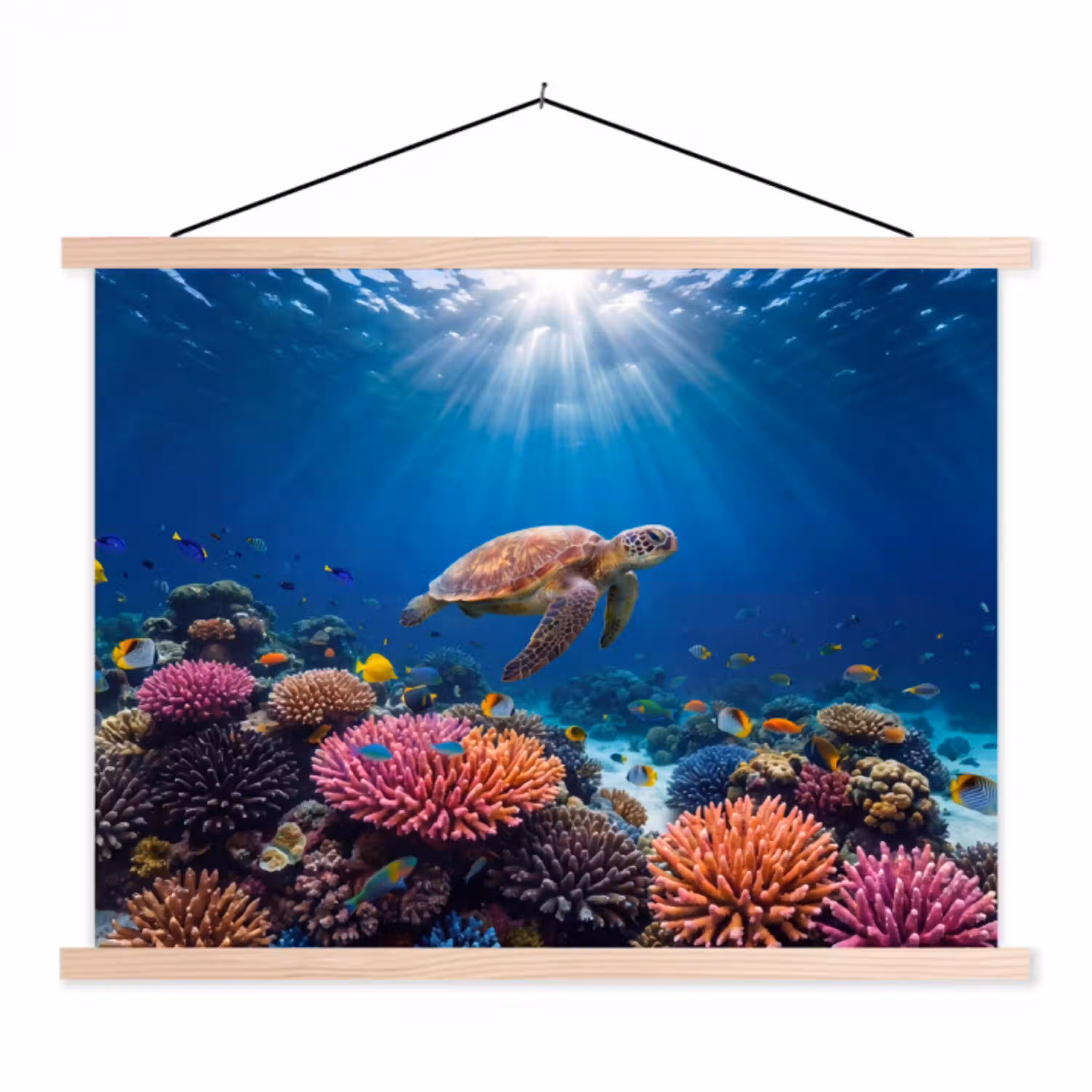 Schildpad - Koraalrif - Oceaan - Dieren - Blauw textielposter latten blank klein -3d