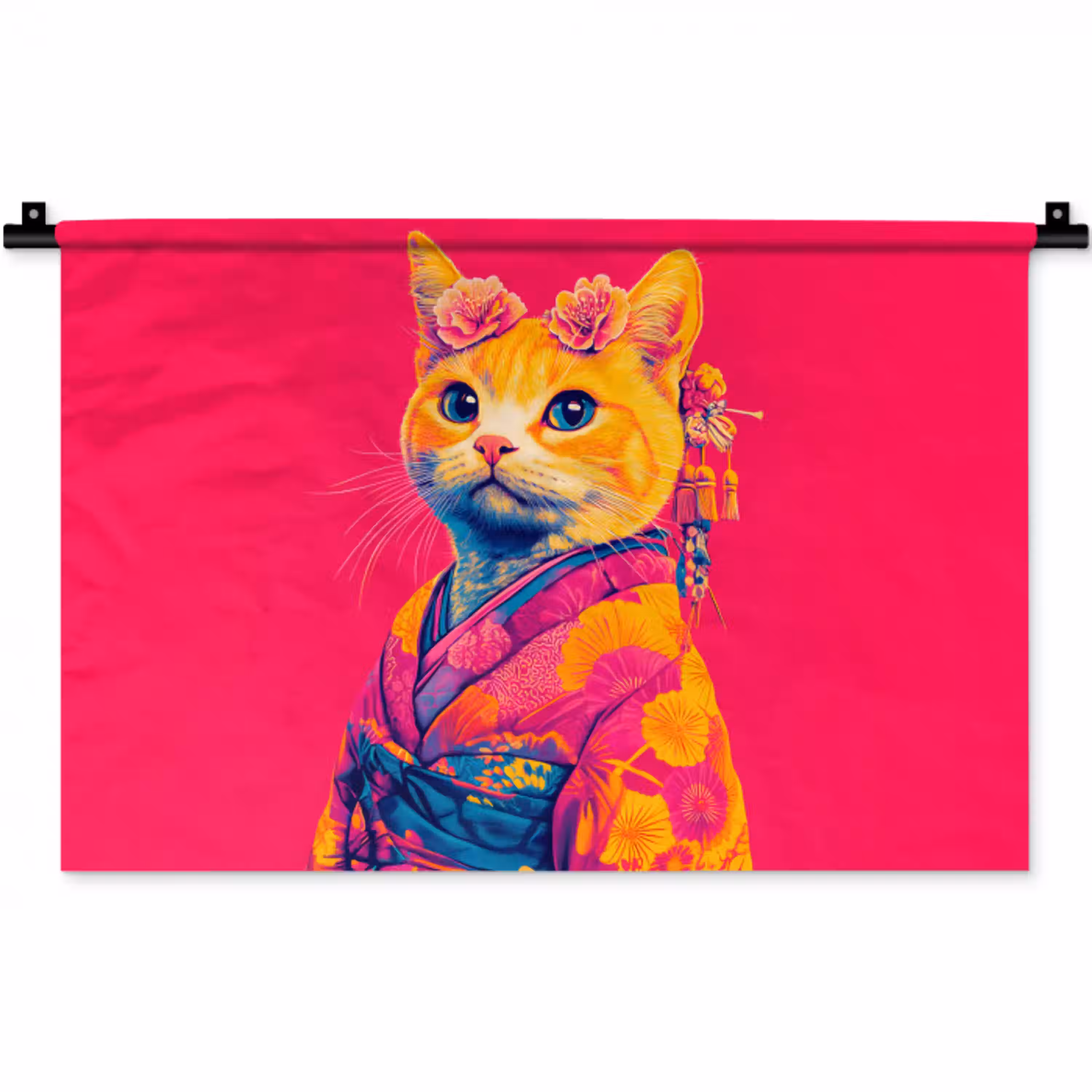 Kat - Kimono - Bloemen - Roze Wandkleed katoen klein -zz3d
