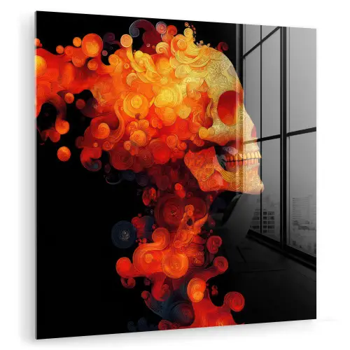 Schedel - Oranje - Zijaanzicht - Vlammen plexiglas 5mm klein -zzzproduct_nieuw