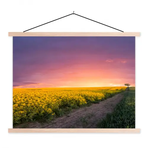 Bloemen - Weg - Lucht - Geel - Paars - Zonsondergang - Natuur textielposter latten blank klein -3d