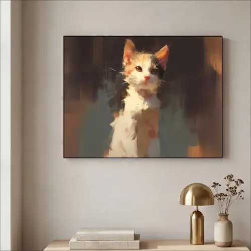 Kat - Geschilderd - Artistiek - Wit Textielframe zwart klein -sfeer2