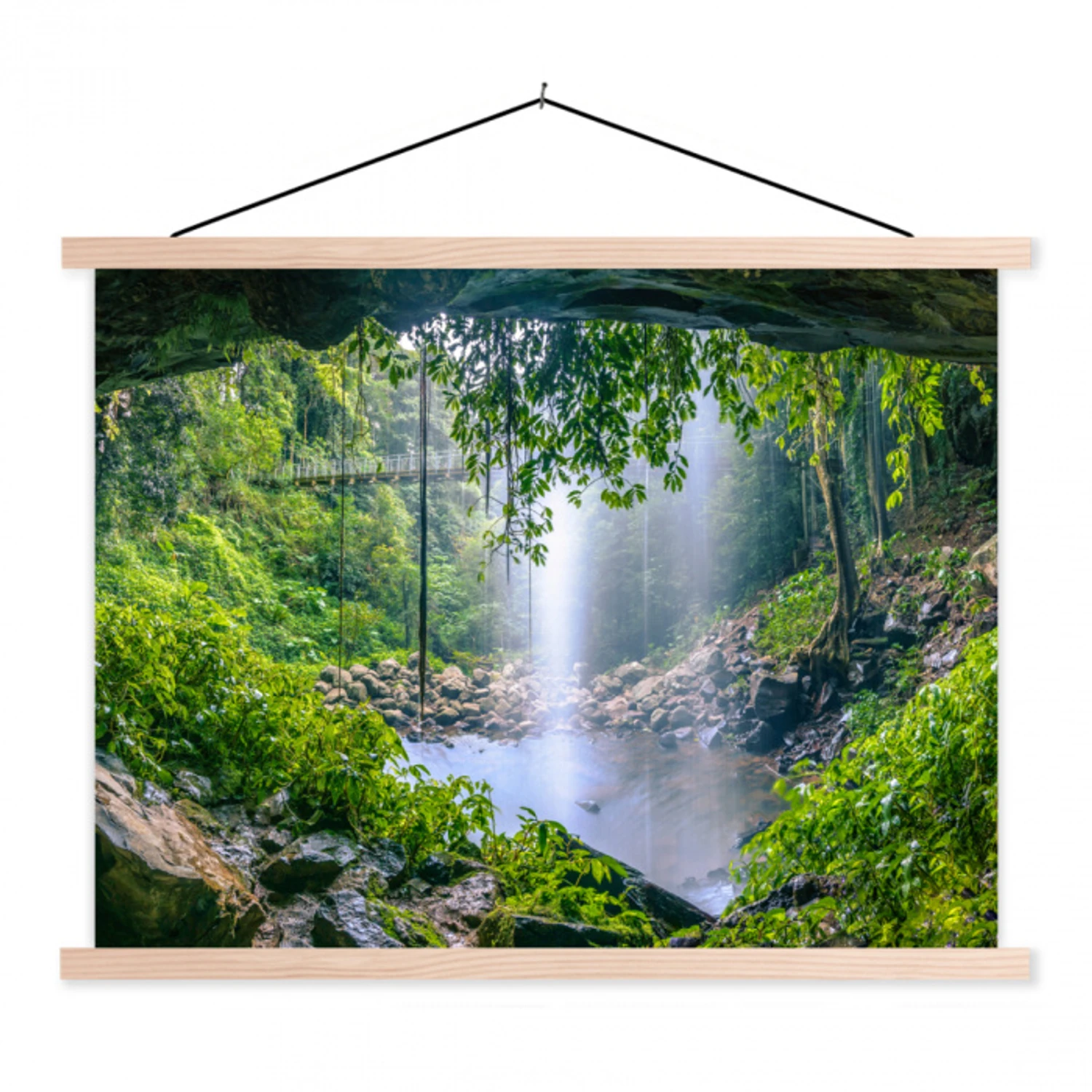 Jungle - Regenwoud - Water - Waterval - Planten textielposter latten blank klein -3d