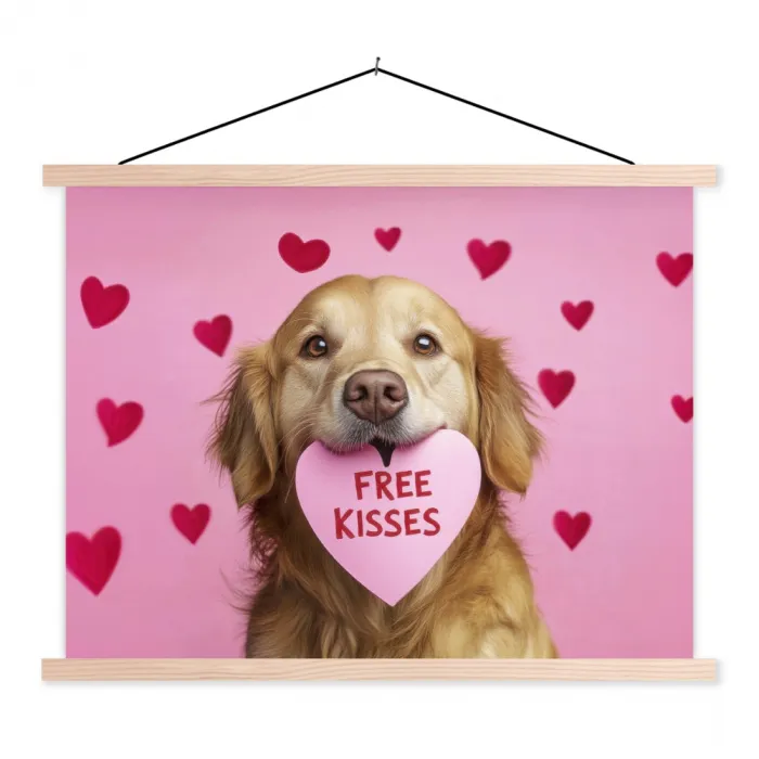 Hond - Kiss- Valentijn - Hartjes textielposter latten blank klein -3d
