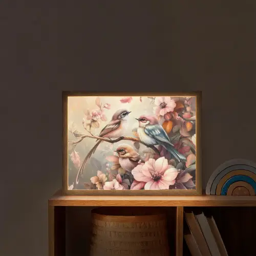 Vogels - Bloemen - Roze - Pastel Light Box met batterij (Wandlamp kind) middel -sfeer1_kind