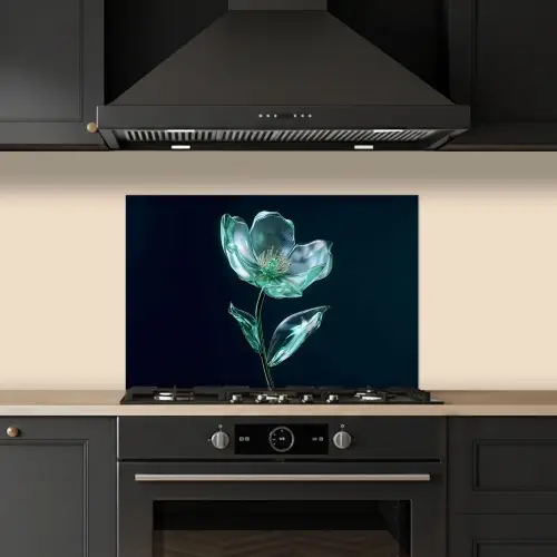 Bladeren - Bloem - Glazen - Donkerblauw keuken achterwand spatscherm klein -sfeer1