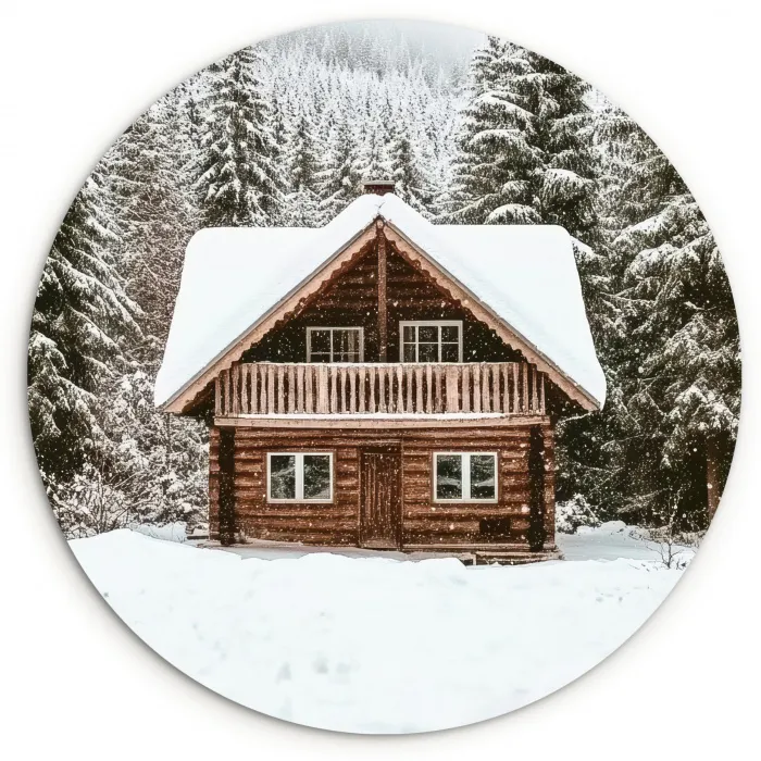 Huis - Bos - Winter - Natuur - Sneeuw Wandcirkel kunststof plaat 5mm dik klein -3d