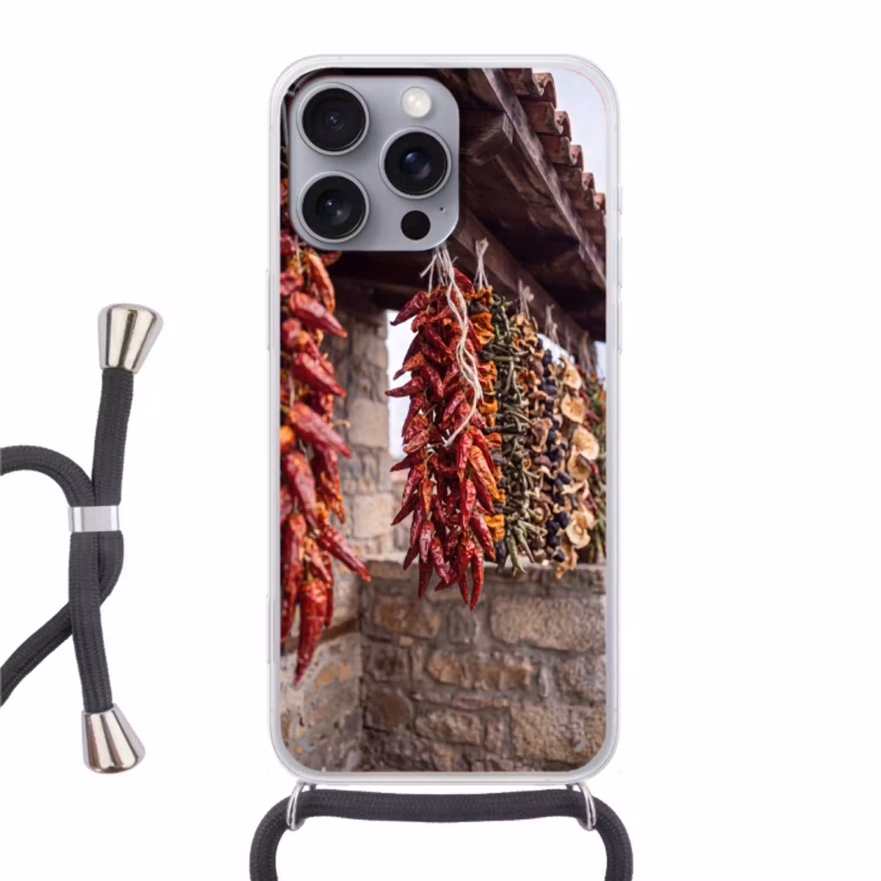Rode pepers - Eten Hoesje iPhone 16 Pro Max met koord klein -3d