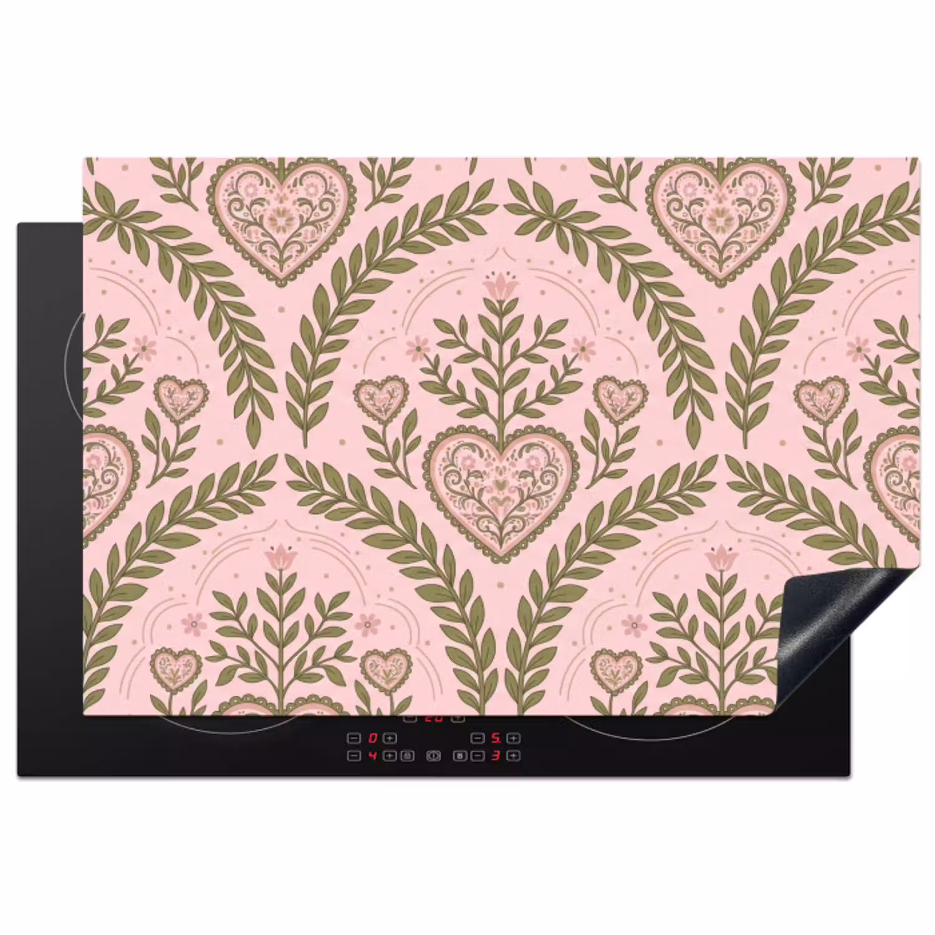 Patroon - Hart - Bloemen - Folkloristisch - Roze Inductie beschermer vinyl 3mm klein -3d
