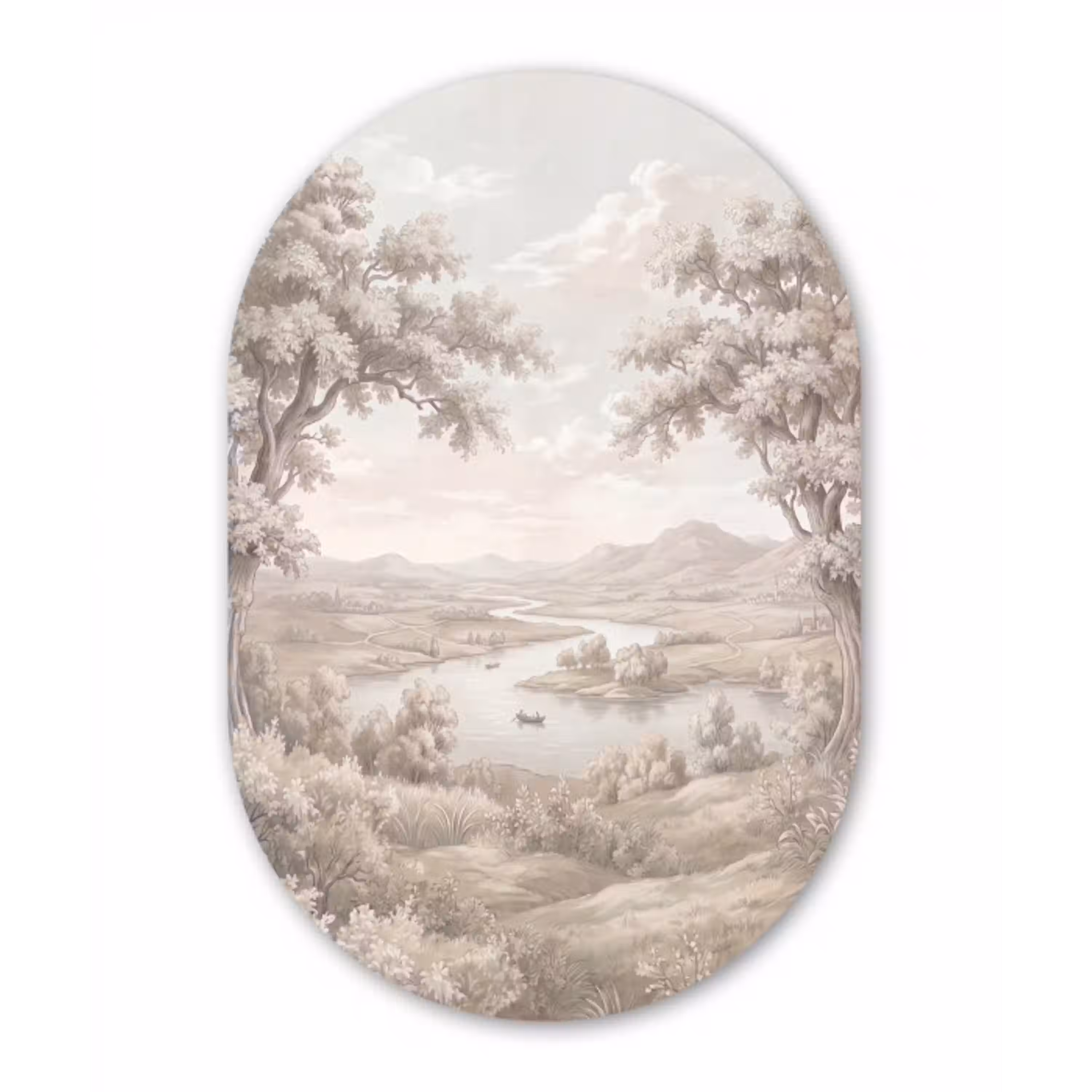 Rivierlandschap - Bergen - Natuur - Vintage - Beige Wandcirkel Ovaal Aluminium middel -3d