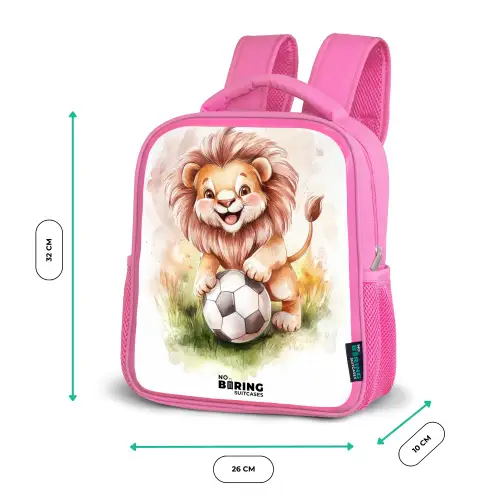 Speelse leeuw met voetbal op grasveld Kinderrugzak - Roze middel -productfoto_formaten