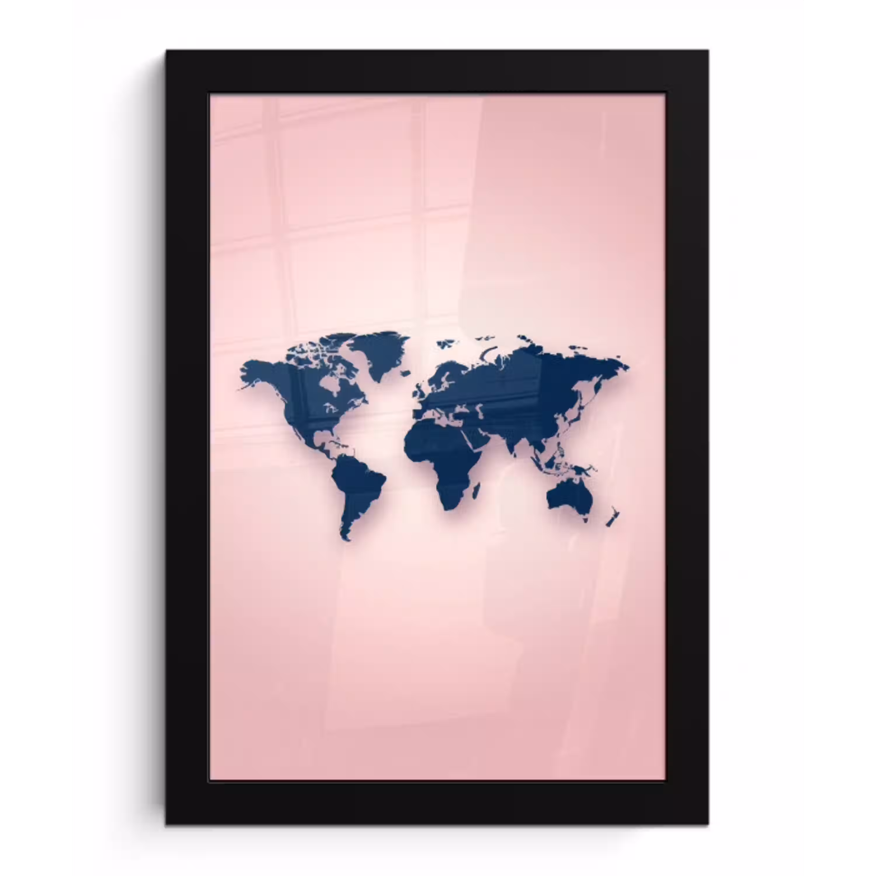 Wereldkaart - Simpel - Roze - Blauw fotolijst zwart zonder passe partout klein -3d