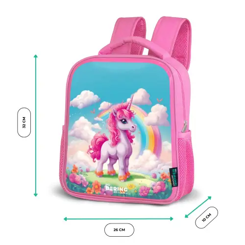 Vrolijke eenhoorn bij een regenboog Kinderrugzak - Roze middel -productfoto_formaten