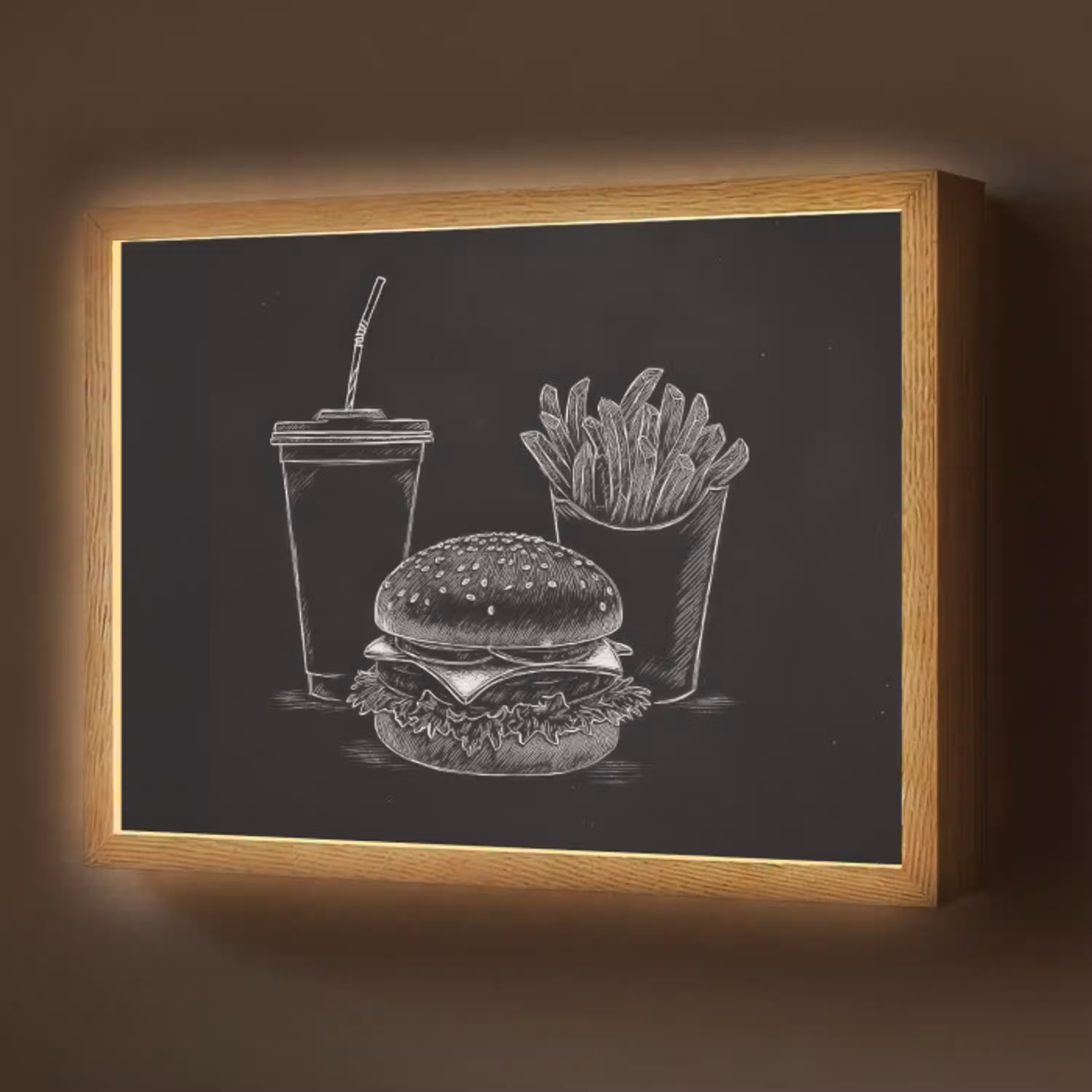 Hamburger - Friet - Frisdrank - Krijttekening Light Box met batterij (Wandlamp) middel -z3d_website