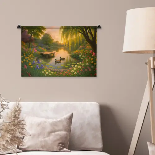 Eenden - Vijver - Bloemen Wandkleed katoen klein -sfeer4
