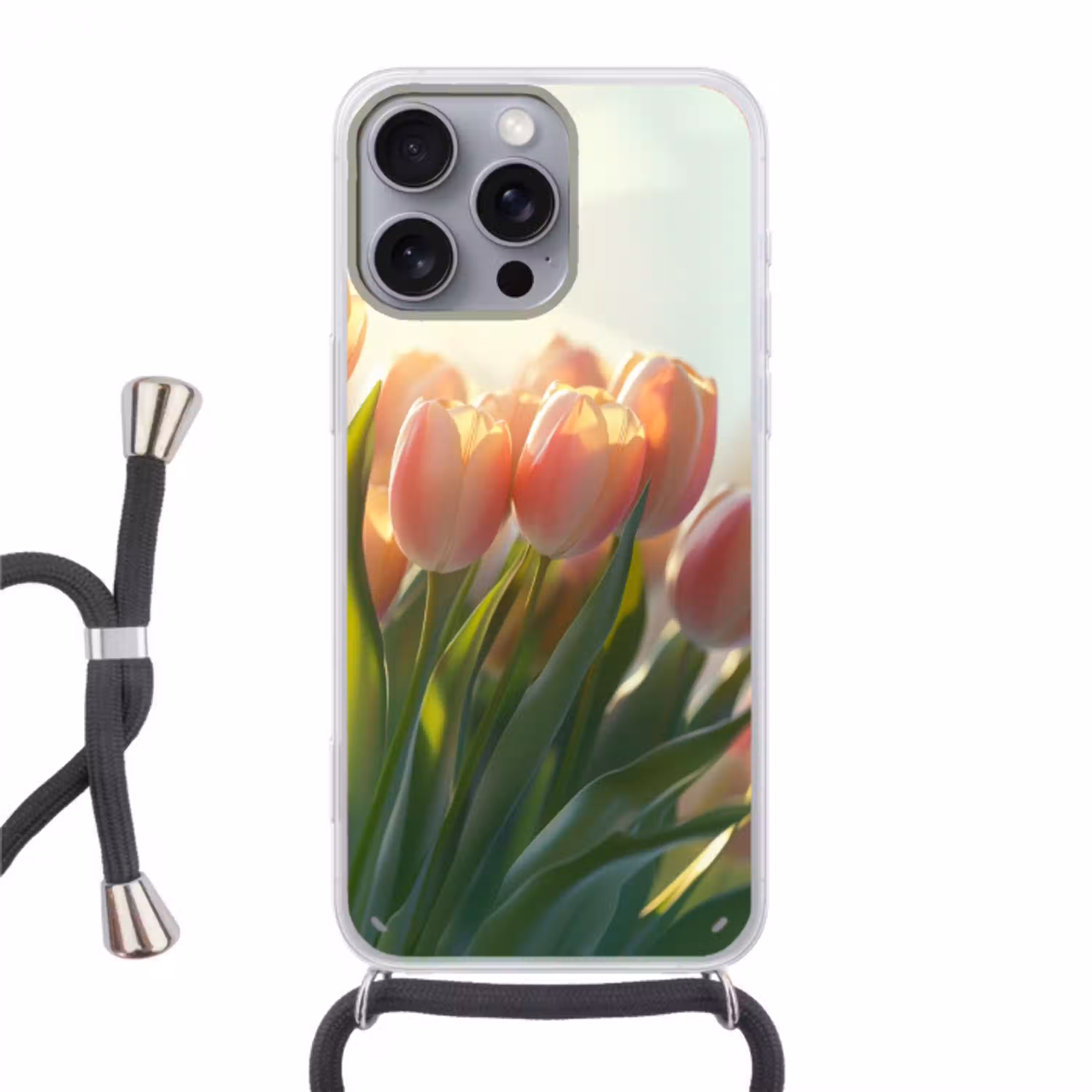 Tulpen - Roze - Zonnestralen Hoesje iPhone 16 Pro Max met koord klein -3d