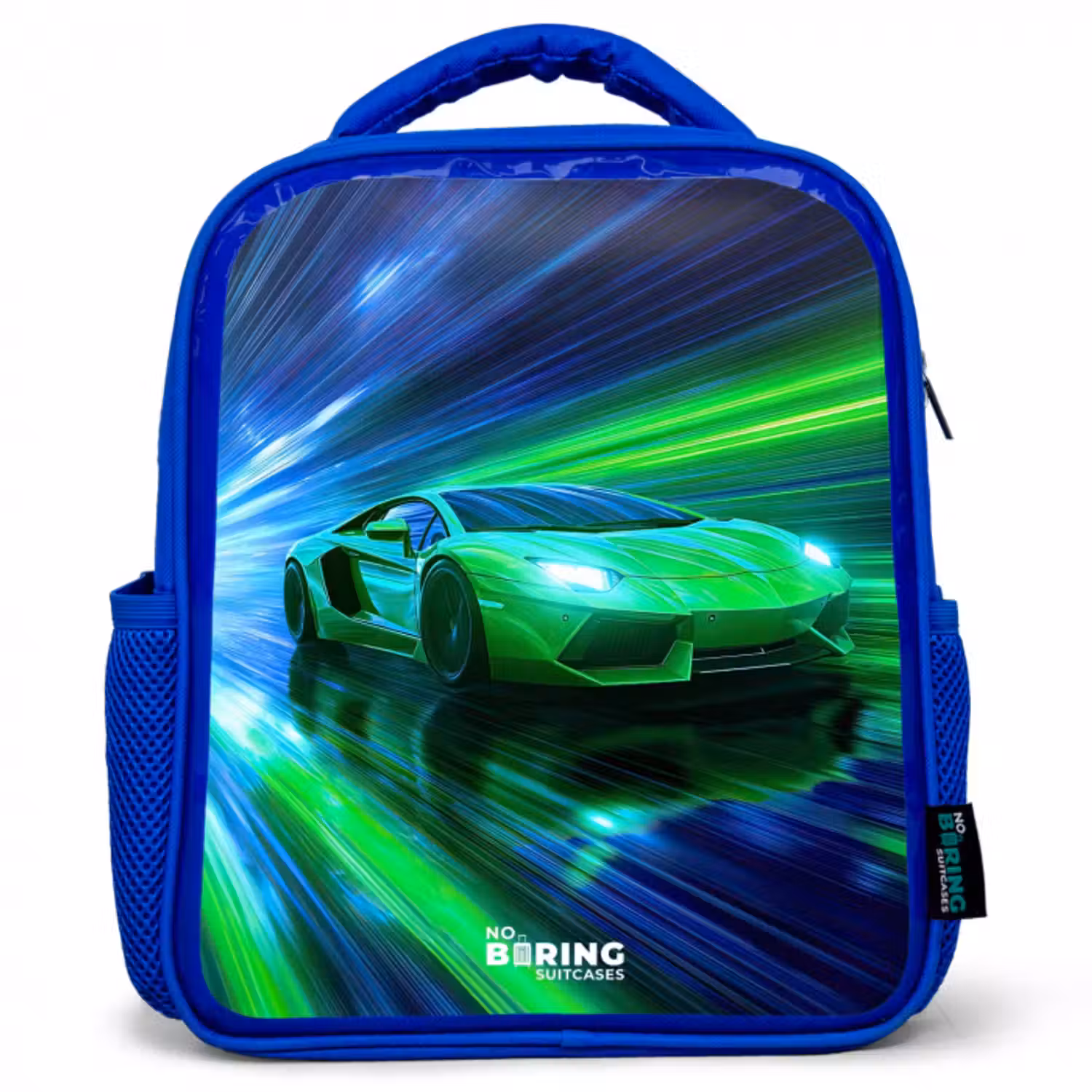 Kids backpack - Blue - Race car - Bright green - Beams of light - Speed
