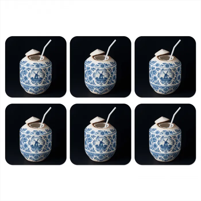 Kokosnoot - Eten - Delfts blauw - Drinken onderzetter kurk middel -3d