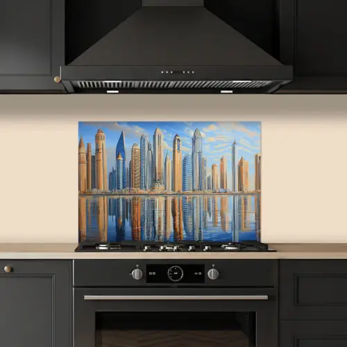 Skyline - Wolkenkrabbers - Water - Blauw keuken achterwand spatscherm klein -sfeer1