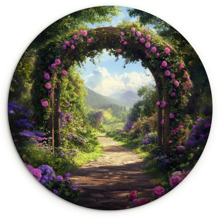Doorkijk - Rozenboog - Uitzicht - Landschap - Bloemen Wandcirkel plexiglas klein -3d