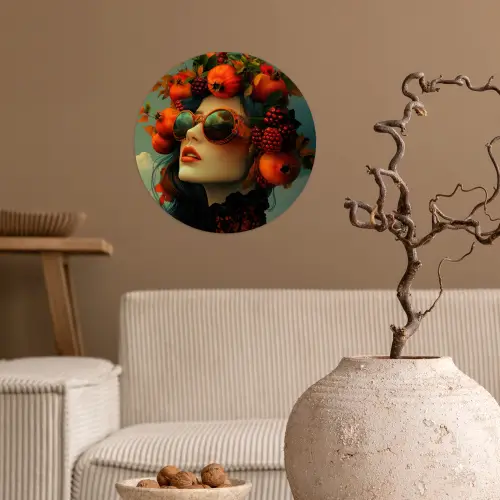 Vrouw - Granaatappel - Herfst - Zonnebril Wandcirkel behangsticker klein -sfeer1