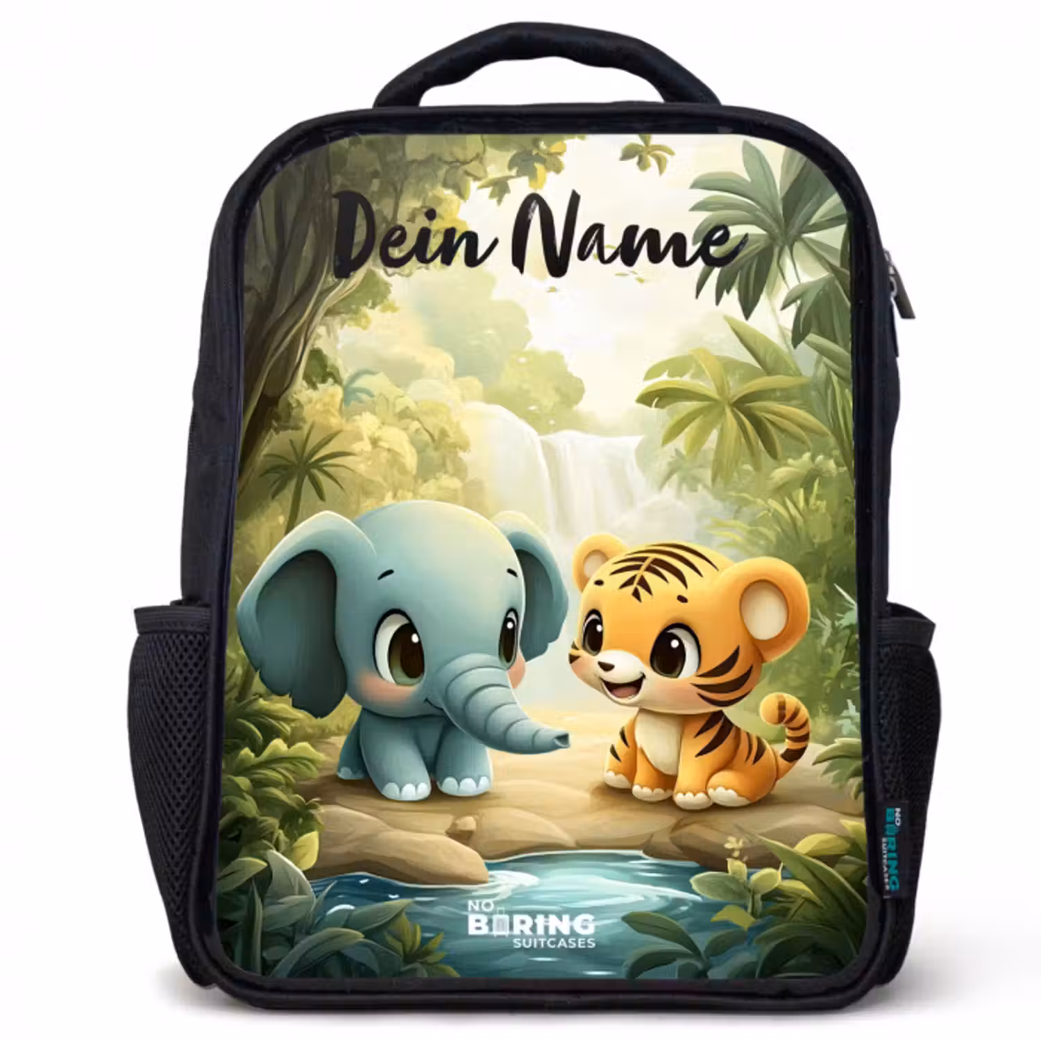 Kinderrucksack mit Namen - Schwarz - Elefant - Tiger - Wald - Dschungel