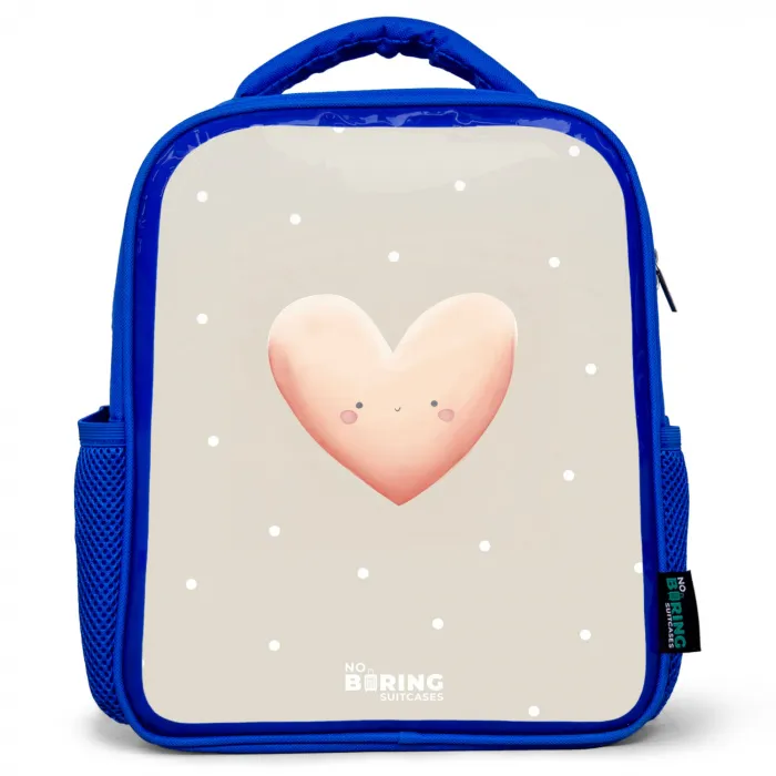 Roze hart omringd door beige stippen Kinderrugzak - Blauw middel -3d