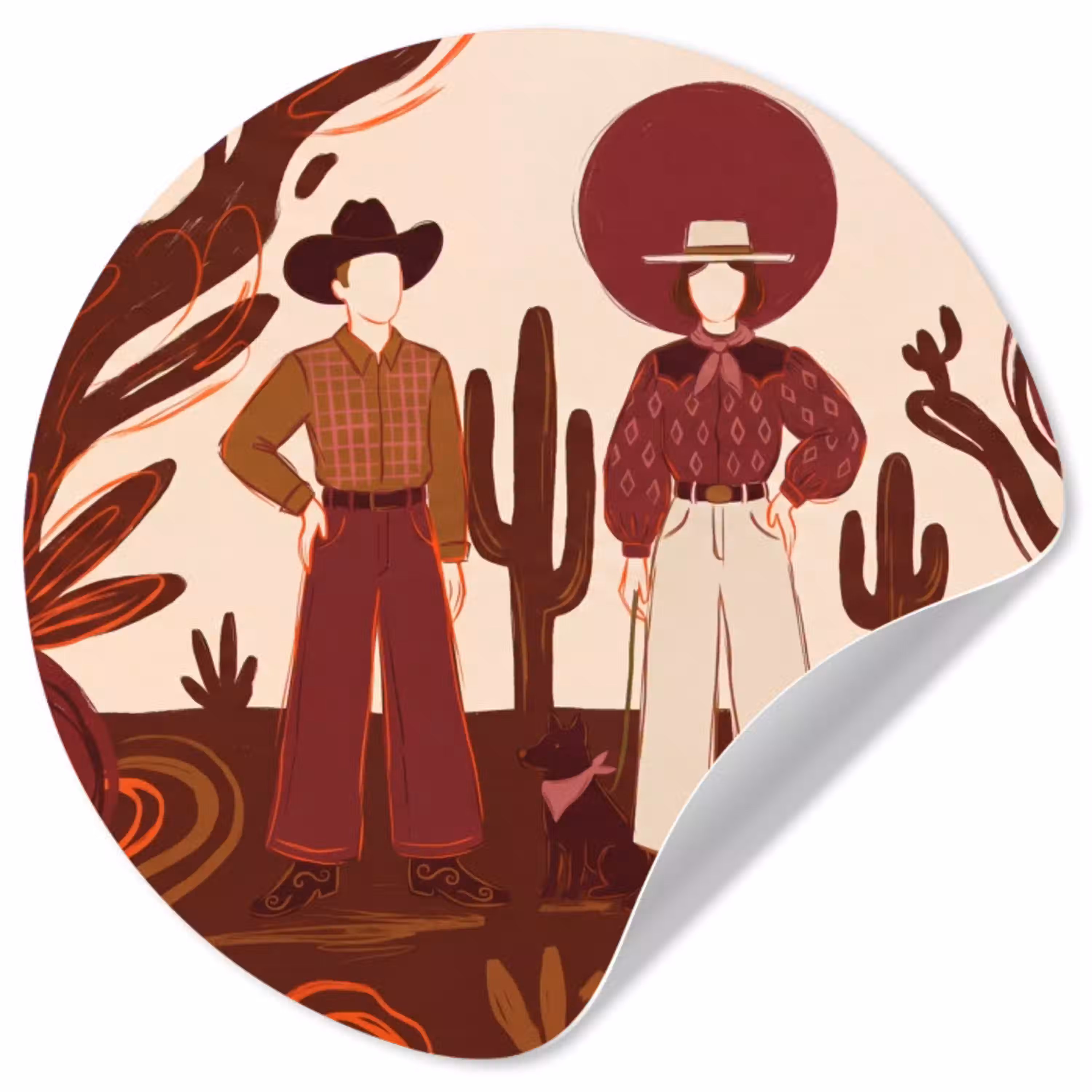 Mensen - Cowboykleding - Westerse stijl - Illustratie - Bruin Wandcirkel behangsticker klein -3d