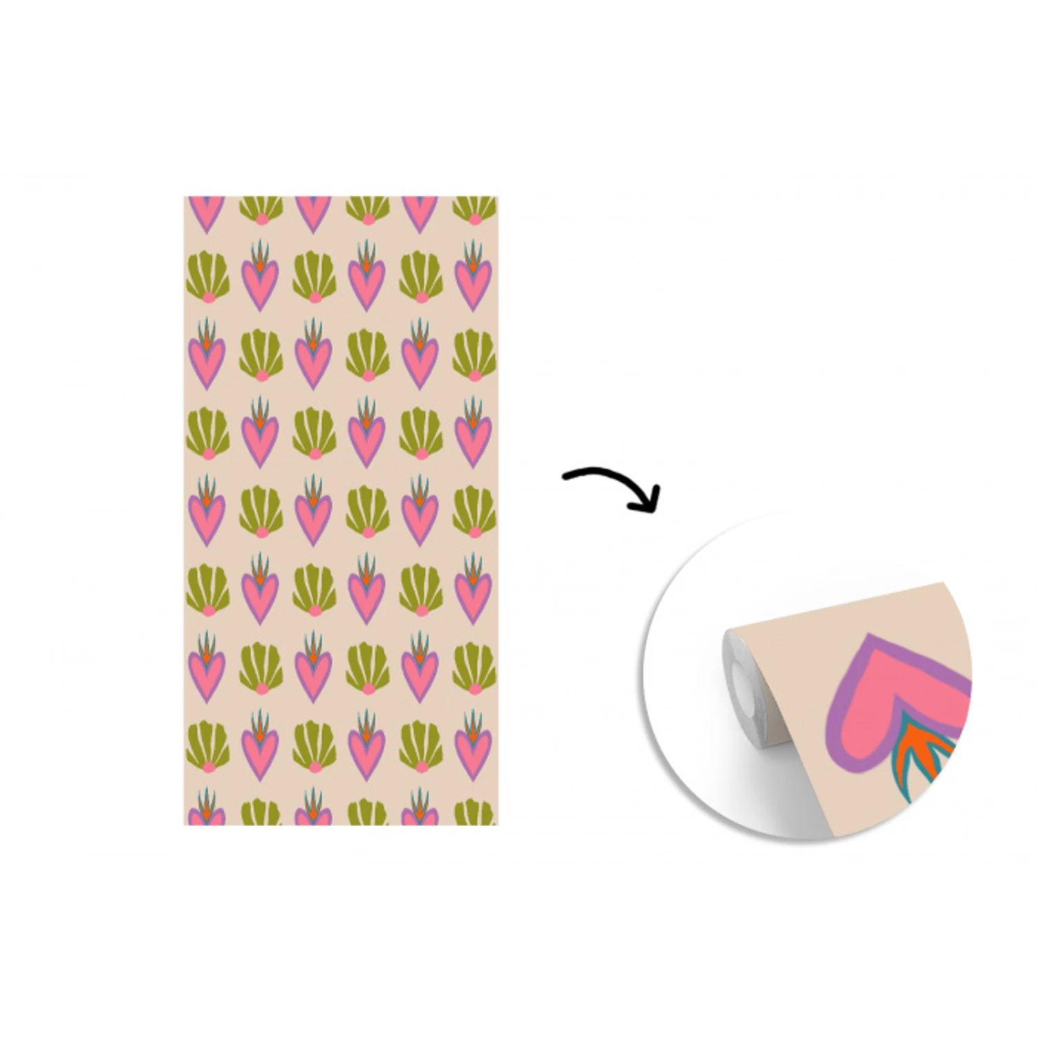 Patroon - Beige - Hartjes - Bloemen fotobehang vinyl groot 64 -3d