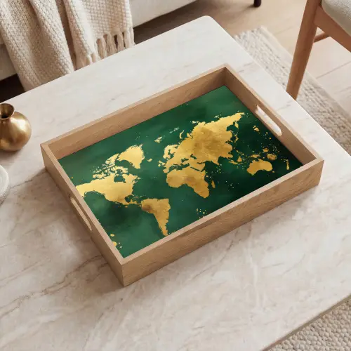 Wereldkaart - Groen - Goud Dienblad Rechthoek middel -sfeer1