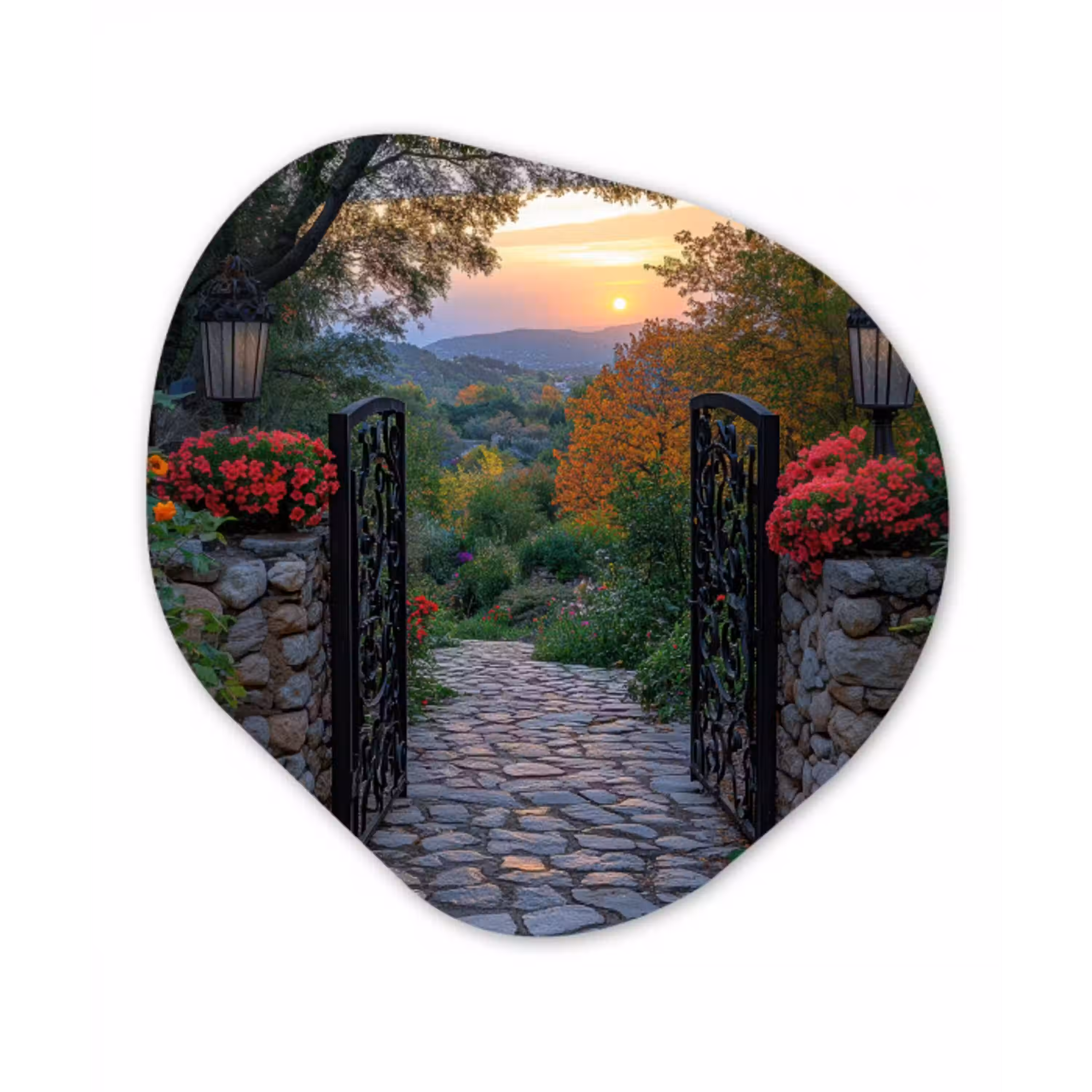 Landschap - Hek - Pad - Zonsondergang - Natuur Wandcirkel Organisch Plexiglas middel -3d