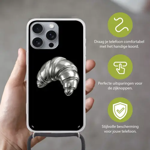 Croissant - Metaal - Zilver Hoesje iPhone 16 Pro Max met koord klein -sfeer2_NL